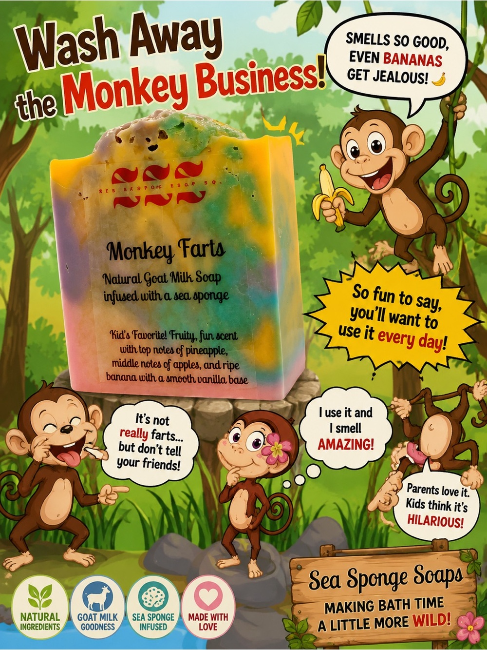 🔥BUNDLESALE Monkey Farts (kids fav) natural goat milk soap infused sea sponge
